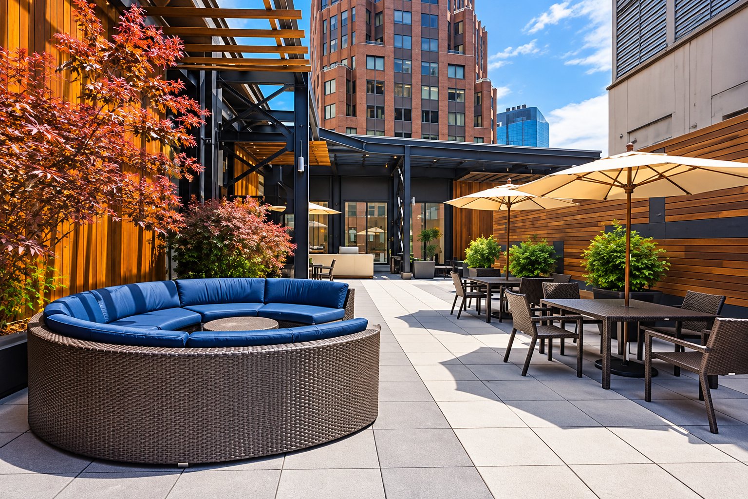 Outdoor terrace with a curved blue sofa, cream umbrellas and dining tables at 10 Hanover Square in New York City.